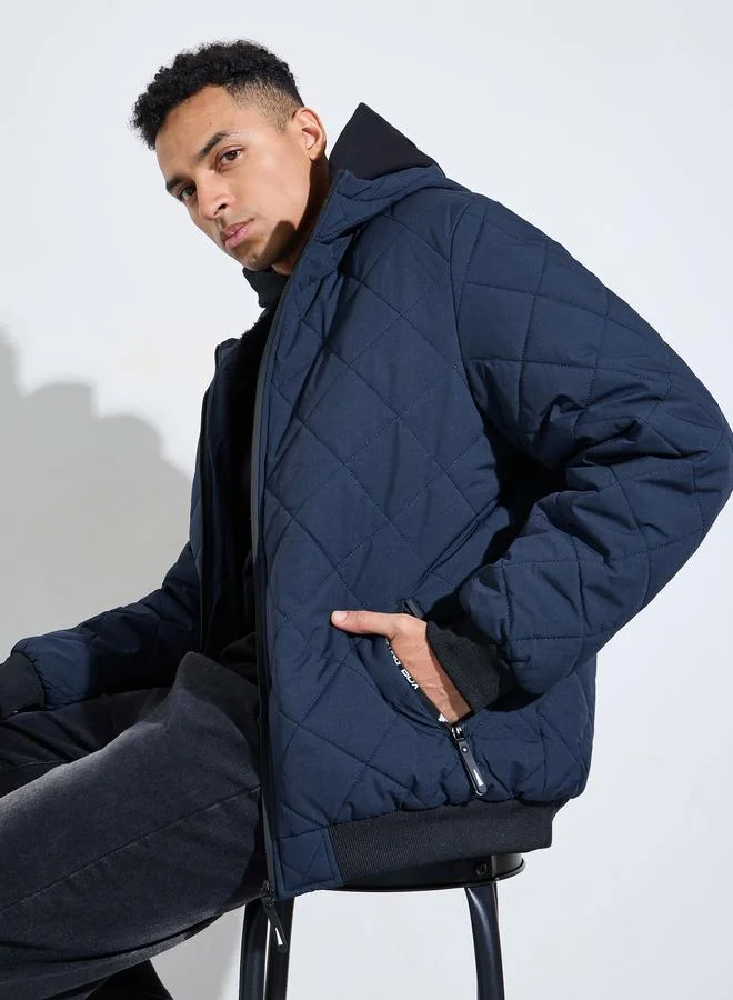 Navy Blue Diagonal Quilted Hooded Puffer Jacket