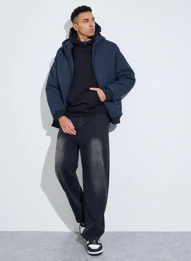 Styli Navy Blue Diagonal Quilted Hooded Puffer Jacket