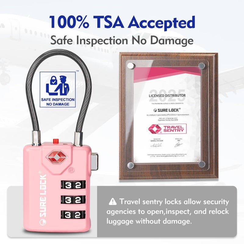 SURE LOCK TSA Compatible Travel Luggage Locks, Inspection Indicator, Easy Read Dials TSA Approved with Zinc Alloy (2, Pink 2 Pack) - Image 2