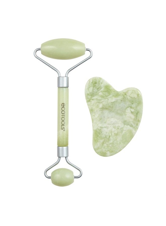 Ecotools Beauty Skin Care Tool Jade Facial Roller and Gua Sha Stone Duo, Face Roller and Massager, Skincare and Sculpting Tools, Green, Promotes Healthy Skin, Massager, 2 Piece Set, 1 Count - Image 1