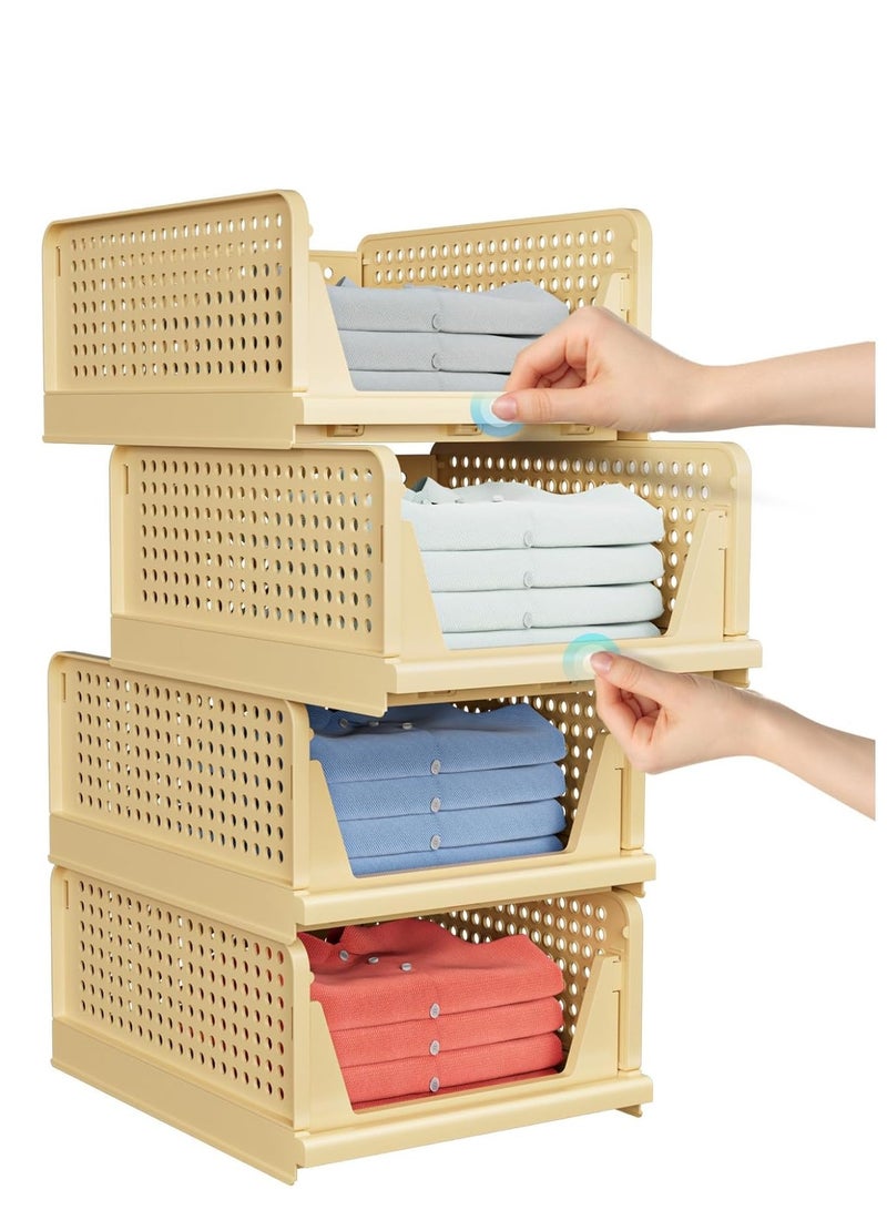 MIXDE Folding Wardrobe Storage Box 4-Pack Plastic Drawer Organizer Stackable Shelf Baskets Cloth Closet Containers Bin Cubes,Home Office Bedroom Laundry Fold Pull Out Dividers for Clothes,Toys White