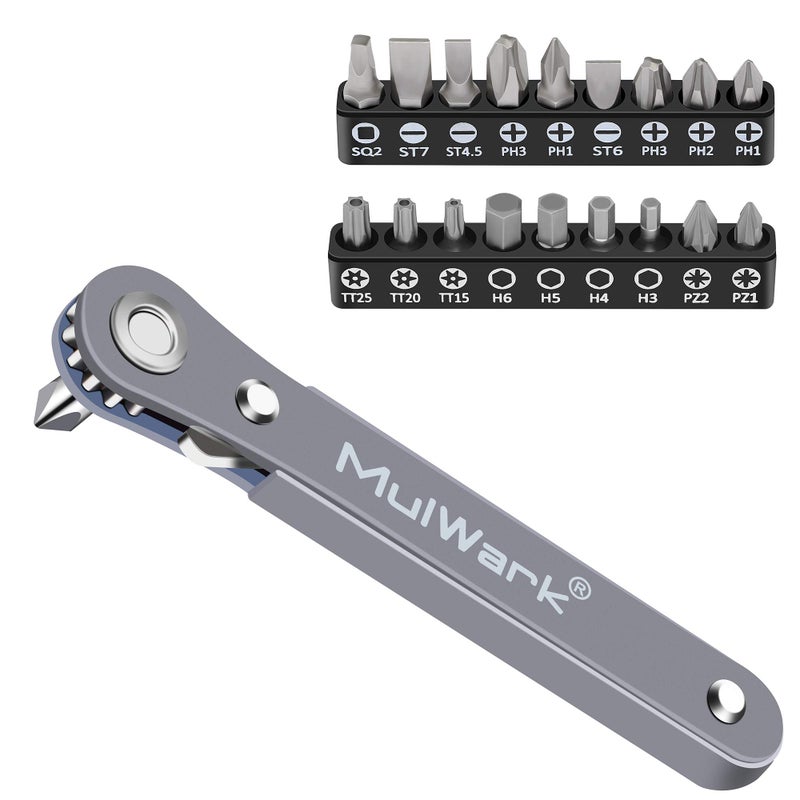 MULWARK 20pc 1/4 Ultra Low Profile Mini Ratchet Wrench Close Quarters Screwdriver Set with High Torque - Right Angle EDC Tool with 90 Degree Mini Offset Reversible Drive Handle & Multi Hex Bits Set - Image 1