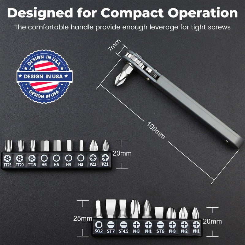 MULWARK 20pc 1/4 Ultra Low Profile Mini Ratchet Wrench Close Quarters Screwdriver Set with High Torque - Right Angle EDC Tool with 90 Degree Mini Offset Reversible Drive Handle & Multi Hex Bits Set - Image 2