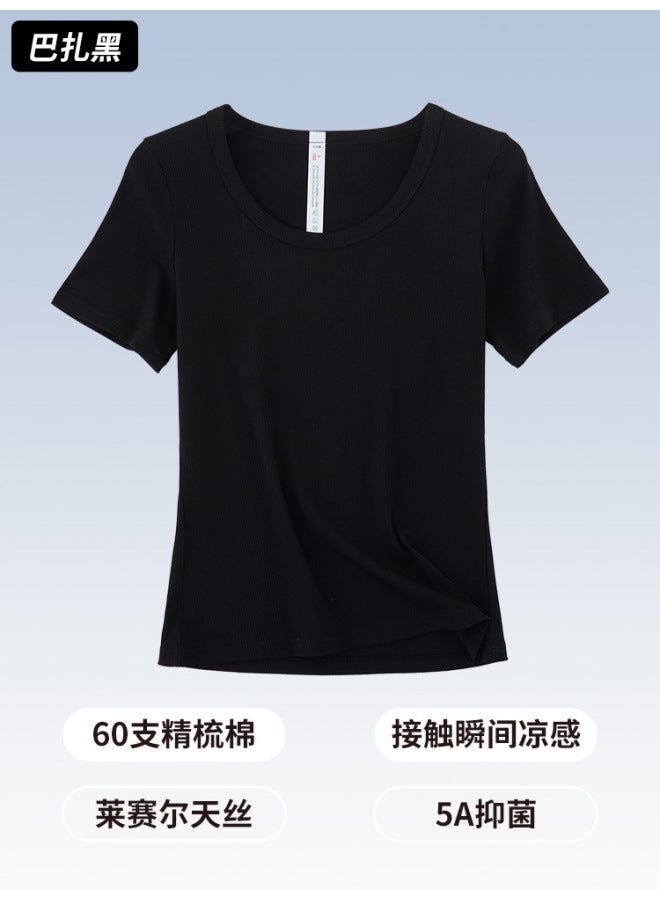 Tencel Short-sleeved Women's Summer All-match U-collar Simple Casual Slim-fit Thread Cool Breathable Solid Color Women's T-shirt For Women