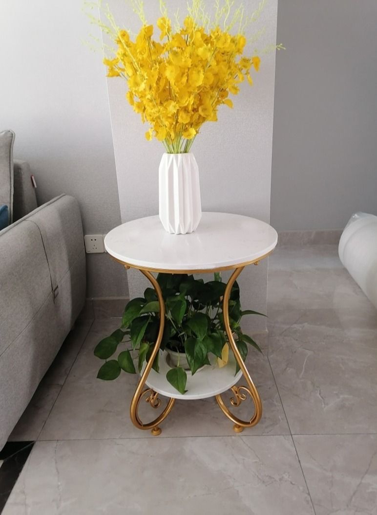 Round Nightstand Table for Living Room or Bedroom, Metal Round End Table Modern Sofa Side Table with MDF Top Table for Living Room Home Decor (Golden White) - Image 2