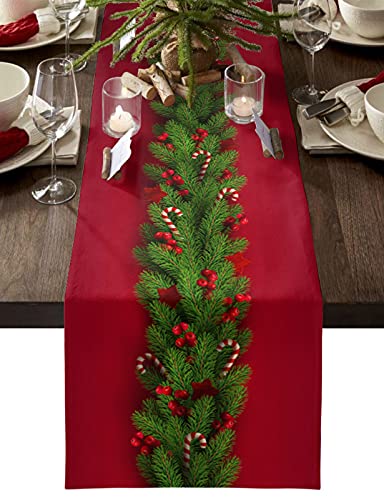 Christmas Table Runners 70 inches Long Xmas Trees Red Cotton Linens Table Cloth Dresser Scarves for Wedding Dinning Tables Parties Holiday Home Decor Holly Berry Candy Cane Table Decorations