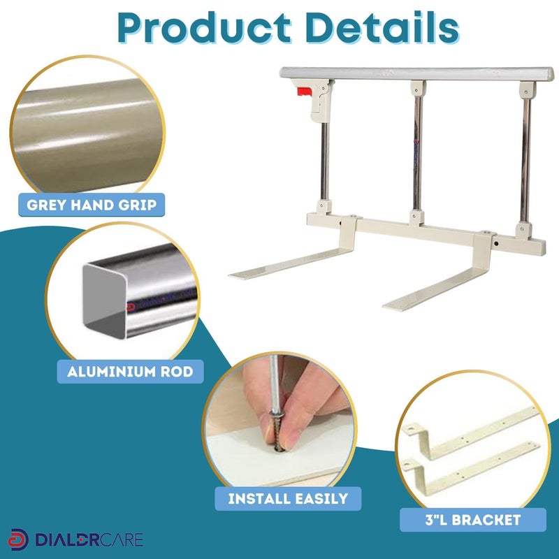 DIALDRCARE Foldable Stainless Steel Bed Rail Guard for Elderly, Adults Assist Handle, Bed Guardrails Grab Railway for Disabled Patient Pregnant Women Handicap (Size: 70 x 40 cm, Colour: White, Silver) - Image 4