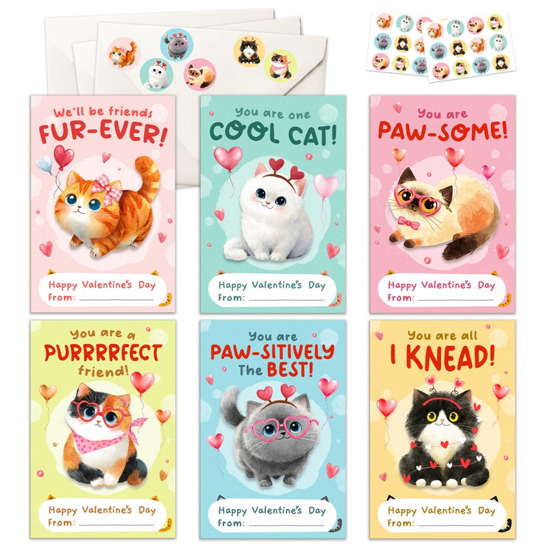 MAPDTWO 36 Packs Cat Valentines Cards for Kids - Cats Valentines Day Gifts for Kids Classroom School Party Favors - Kitty Kitten 6 Designs Exchange, 3.2''x 4.7'' Greeting Cards with Stickers Envelopes - Image 1