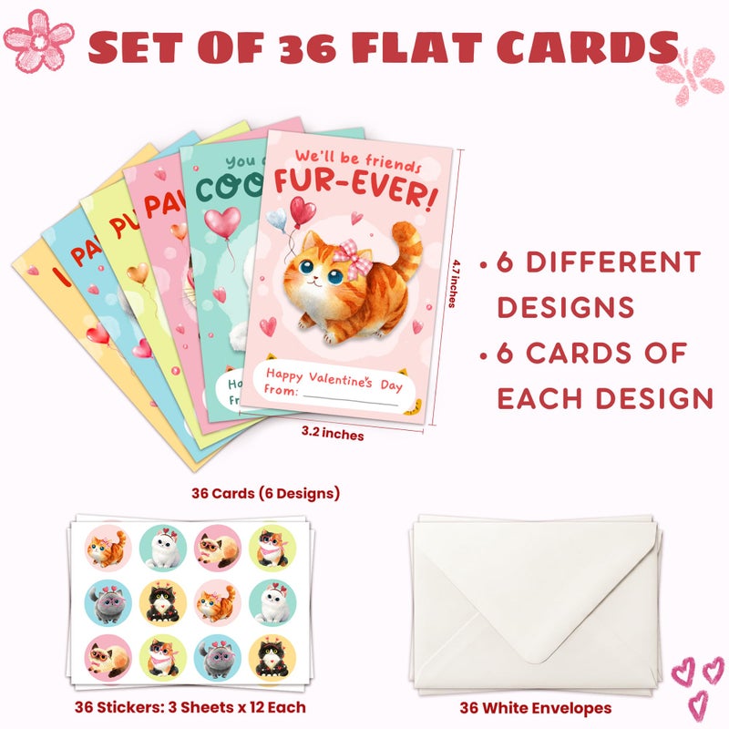 MAPDTWO 36 Packs Cat Valentines Cards for Kids - Cats Valentines Day Gifts for Kids Classroom School Party Favors - Kitty Kitten 6 Designs Exchange, 3.2''x 4.7'' Greeting Cards with Stickers Envelopes - Image 2