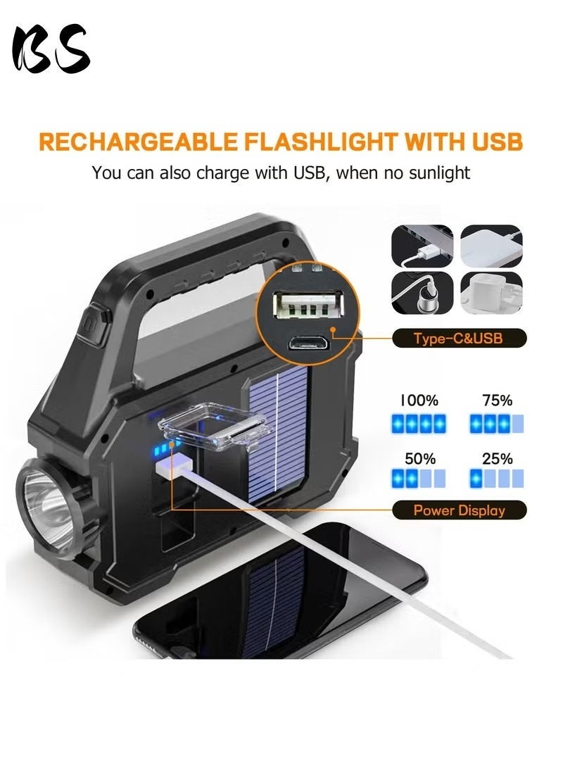 BS Solar-powered handheld flashlight | Multifunctional LED spotlight | USB rechargeable | 6 lighting modes | Waterproof design | Lightweight and portable | Ideal for outdoor camping or emergencies - Image 2