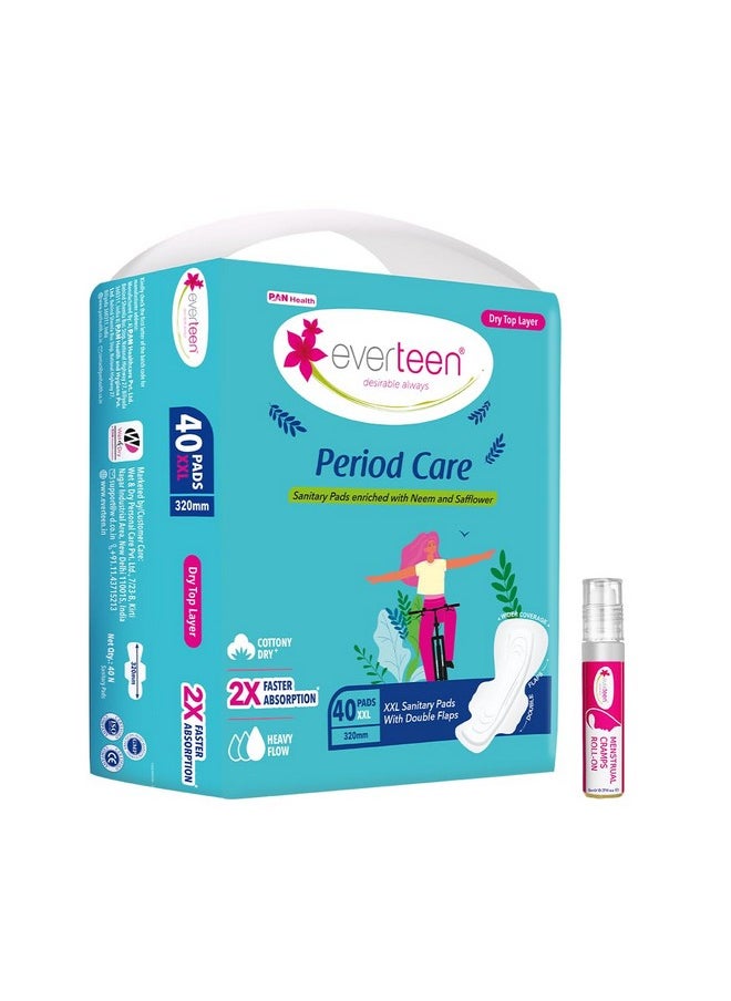 everteen Combo 40 Xxl Dry Neem Safflower Sanitary Pads With Free Menstrual Period Pain Relief Cramps Roll-On (5Ml), Pack Of 1  - Image 1