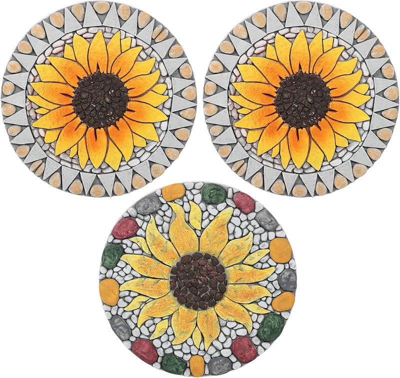 PINPON 3 Pack Gerbera Stepping Stones – 10 Inch Cement Garden Pavers with Colorful Pebble Border, Hand-Painted Outdoor Walkway Stones, Weather-Resistant Decorative Path Stones for Patio & Yard - Image 1
