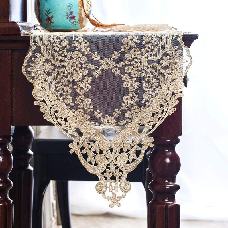 ARTABLE Rectangle Table Runner Lace Macrame Embroidered Table Runners with Exquisite Vintage Shabby Chic for Holiday Wedding Long Dinner Tables (Light Gold, 12 x 48 Inch) - Image 1