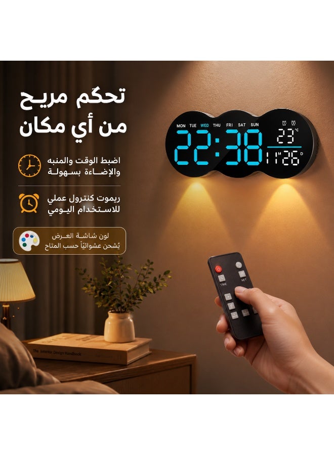 ساعة حائط رقمية LED  مع ريموت كنترول وإضاءة محيطية - ساعة مكتب ومنبه مزدوج لعرض الوقت والتاريخ واليوم ودرجة الحرارة وسطوع تلقائي - لون الشاشة عشوائي - Image 3