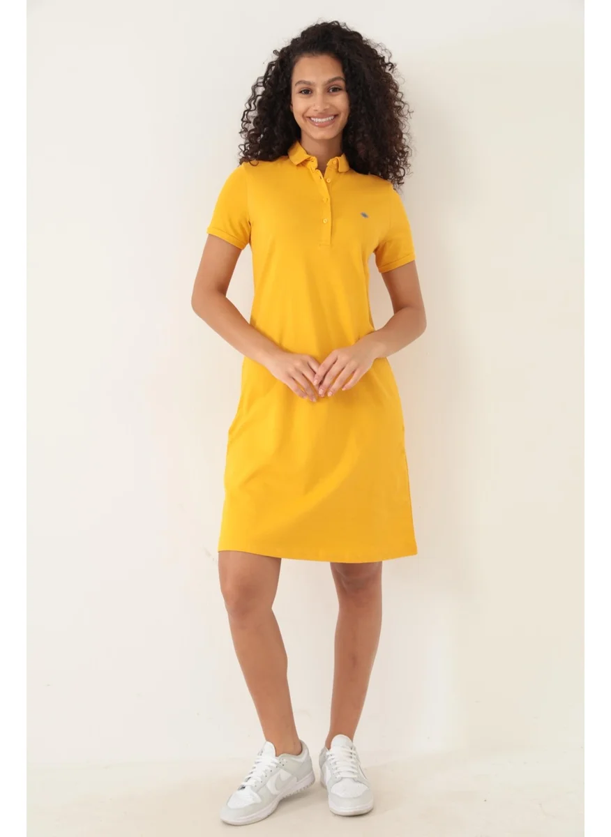 Miron Mustard Women's Polo Neck Short Sleeve Knitted Dress -2431