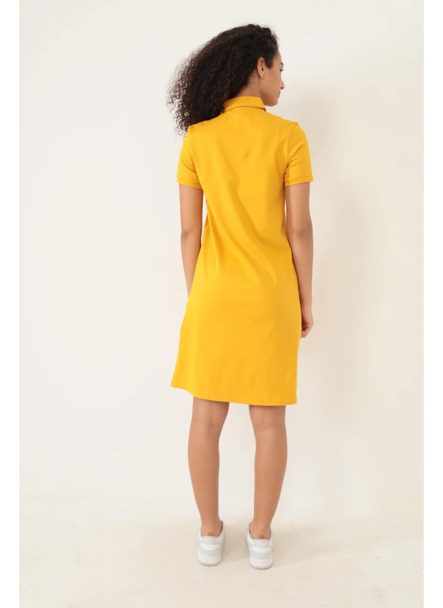 Miron Mustard Women's Polo Neck Short Sleeve Knitted Dress -2431