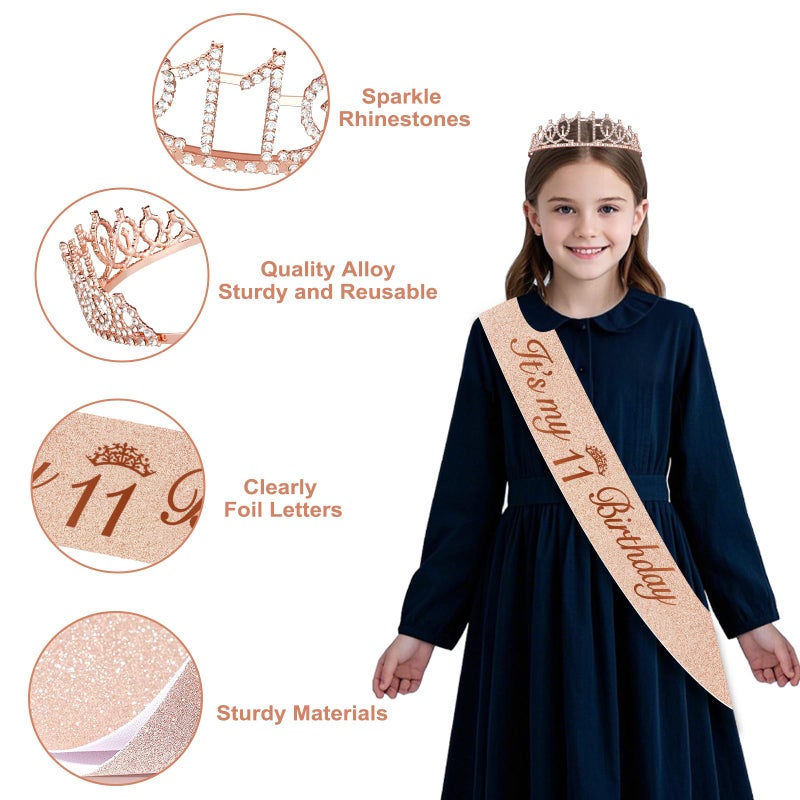 Juesly 11th Birthday Decorations for Girls, 49pcs Black Rose Gold Black Banner, Tablecloth, Butterfly Decor, 11th Birthday Sash and Tiara, Cake Topper, Candles, Balloons Arch - Image 4