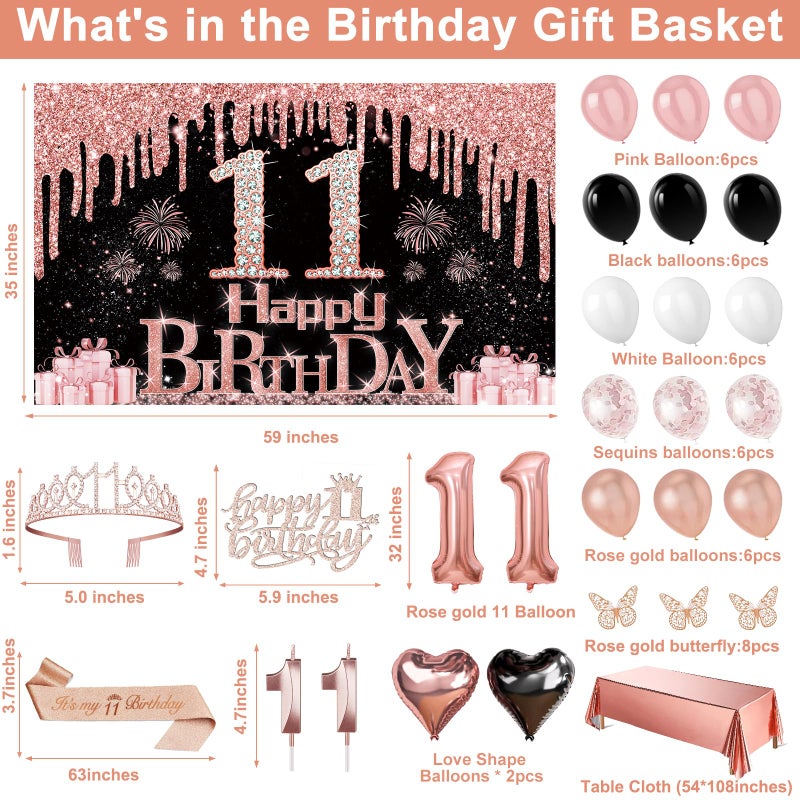 Juesly 11th Birthday Decorations for Girls, 49pcs Black Rose Gold Black Banner, Tablecloth, Butterfly Decor, 11th Birthday Sash and Tiara, Cake Topper, Candles, Balloons Arch - Image 3