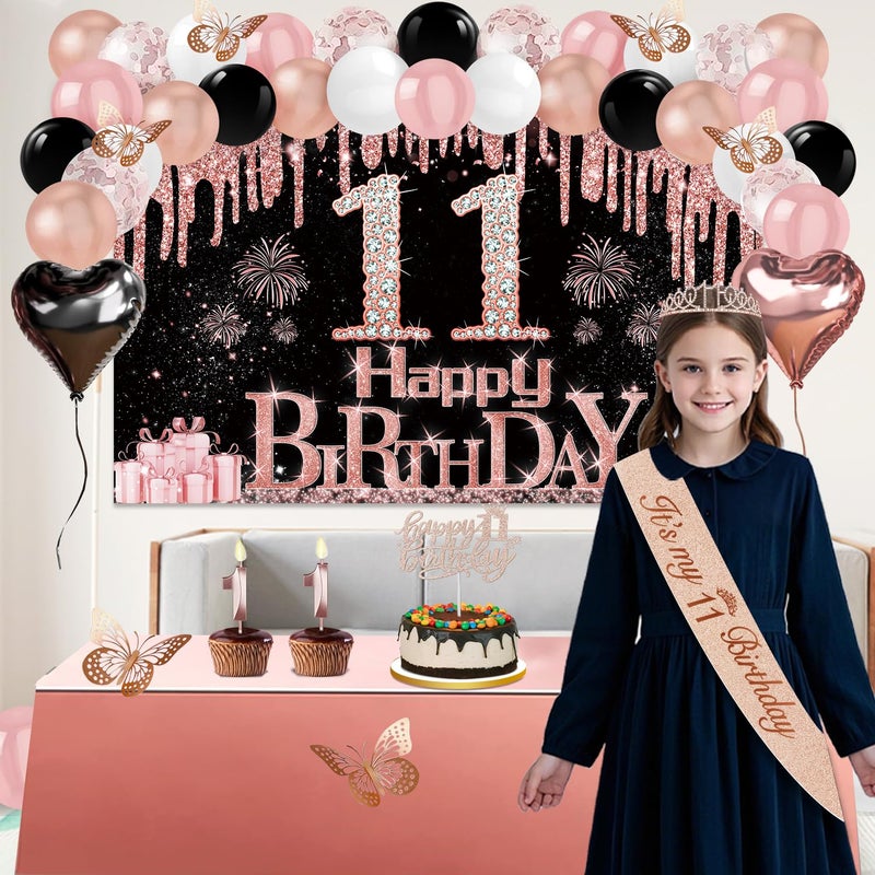 Juesly 11th Birthday Decorations for Girls, 49pcs Black Rose Gold Black Banner, Tablecloth, Butterfly Decor, 11th Birthday Sash and Tiara, Cake Topper, Candles, Balloons Arch - Image 2