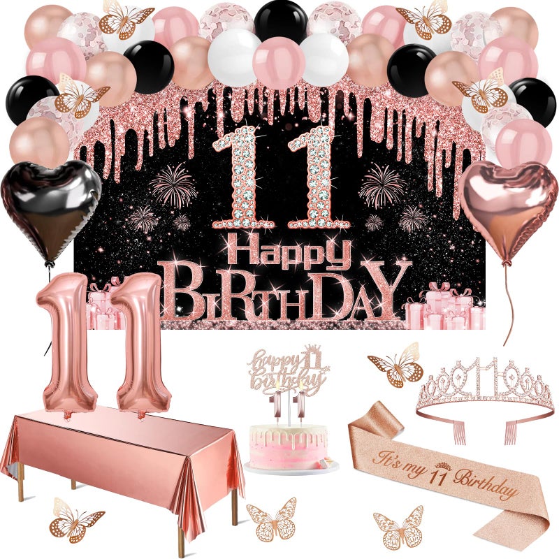 Juesly 11th Birthday Decorations for Girls, 49pcs Black Rose Gold Black Banner, Tablecloth, Butterfly Decor, 11th Birthday Sash and Tiara, Cake Topper, Candles, Balloons Arch - Image 1