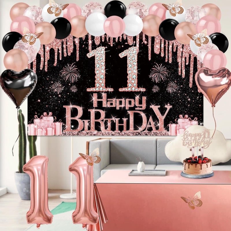 Juesly 11th Birthday Decorations for Girls, 49pcs Black Rose Gold Black Banner, Tablecloth, Butterfly Decor, 11th Birthday Sash and Tiara, Cake Topper, Candles, Balloons Arch - Image 5