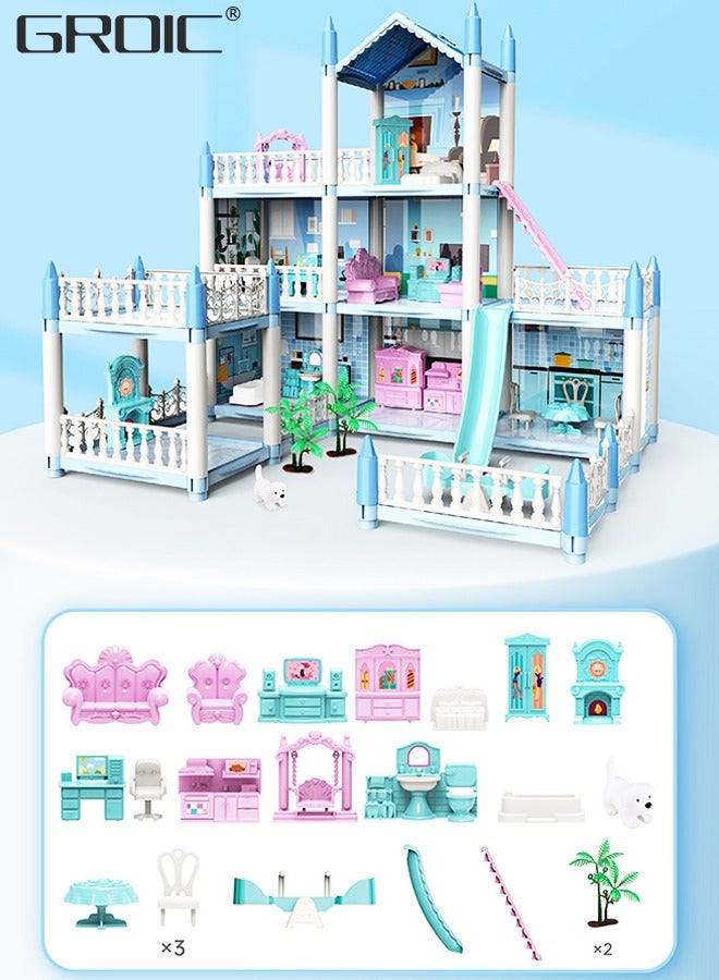 GROIC Doll House, 3 Stories 8 Rooms 1 Balcony, Dollhouse Sets with Dolls, Led Light & Slide, Furniture and Accessories, DIY Building Pretend Play Doll House, Playing House Building Playset  - Image 2