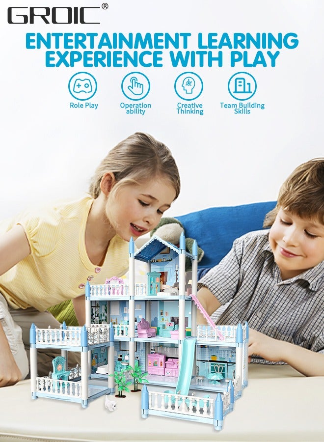 GROIC Doll House, 3 Stories 8 Rooms 1 Balcony, Dollhouse Sets with Dolls, Led Light & Slide, Furniture and Accessories, DIY Building Pretend Play Doll House, Playing House Building Playset  - Image 5