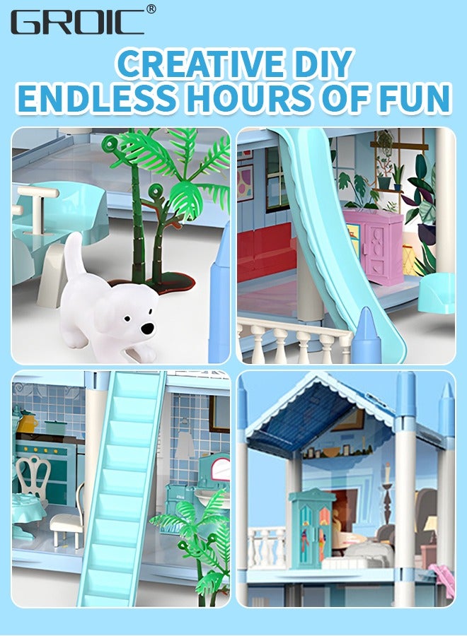 GROIC Doll House, 3 Stories 8 Rooms 1 Balcony, Dollhouse Sets with Dolls, Led Light & Slide, Furniture and Accessories, DIY Building Pretend Play Doll House, Playing House Building Playset  - Image 3