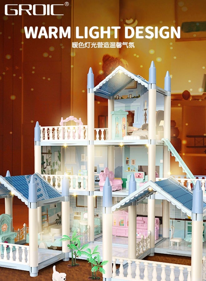 GROIC Doll House, 3 Stories 8 Rooms 1 Balcony, Dollhouse Sets with Dolls, Led Light & Slide, Furniture and Accessories, DIY Building Pretend Play Doll House, Playing House Building Playset  - Image 4