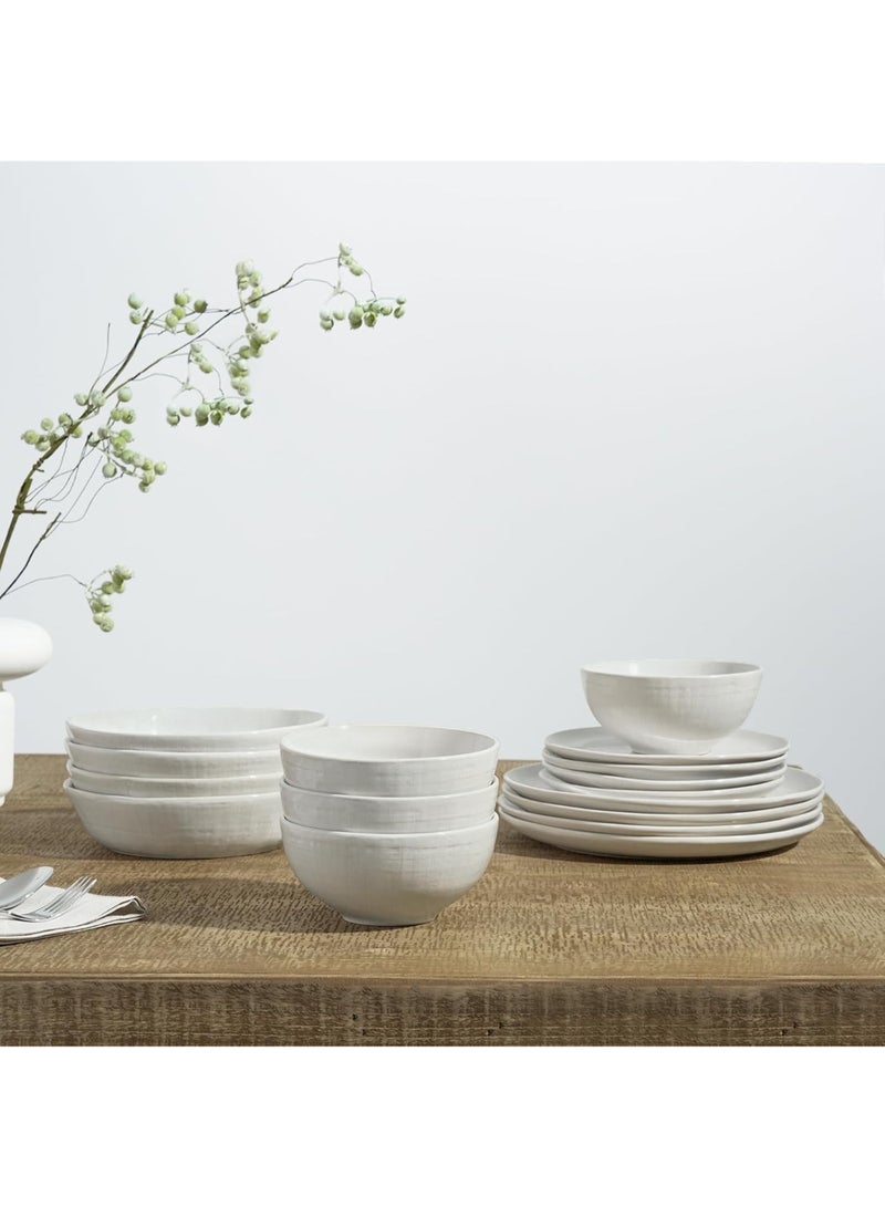 Famiware Moonlight 18 Piece Stoneware Dinnerware Set with Linen Finish, Set for 6, Scratch Resistant, Microwave & Dishwasher Safe, White  - Image 5