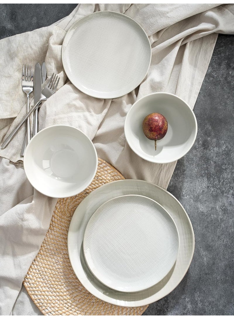 Famiware Moonlight 18 Piece Stoneware Dinnerware Set with Linen Finish, Set for 6, Scratch Resistant, Microwave & Dishwasher Safe, White  - Image 2