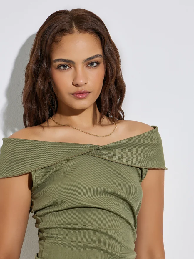 Styli Green Ribbed Off Shoulder Knit Top