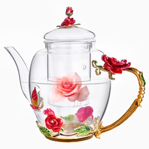 OEAGO Enamel Glass Flower Tea Pot With Removable Loose Tea Leaf Infuser Tea Maker Teapot Set 30.4OZ Gifts for Women,Mom,Birthday - Image 1