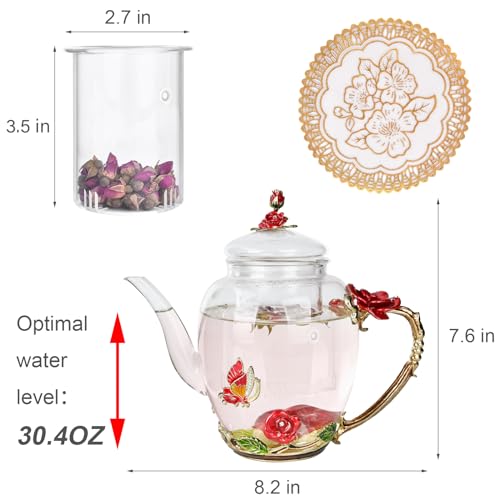 OEAGO Enamel Glass Flower Tea Pot With Removable Loose Tea Leaf Infuser Tea Maker Teapot Set 30.4OZ Gifts for Women,Mom,Birthday - Image 3