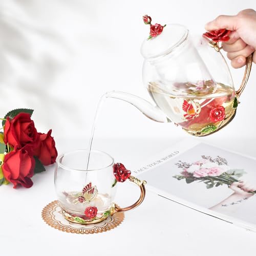 OEAGO Enamel Glass Flower Tea Pot With Removable Loose Tea Leaf Infuser Tea Maker Teapot Set 30.4OZ Gifts for Women,Mom,Birthday - Image 4