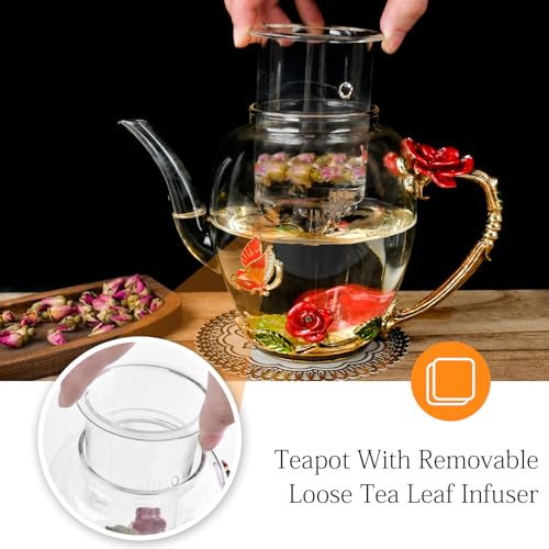 OEAGO Enamel Glass Flower Tea Pot With Removable Loose Tea Leaf Infuser Tea Maker Teapot Set 30.4OZ Gifts for Women,Mom,Birthday - Image 2