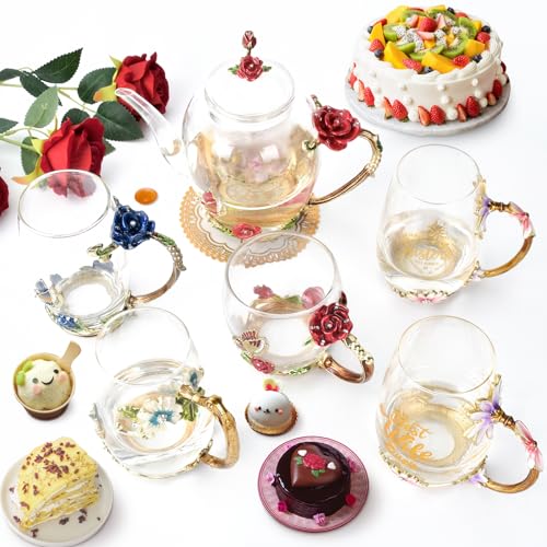 OEAGO Enamel Glass Flower Tea Pot With Removable Loose Tea Leaf Infuser Tea Maker Teapot Set 30.4OZ Gifts for Women,Mom,Birthday - Image 5