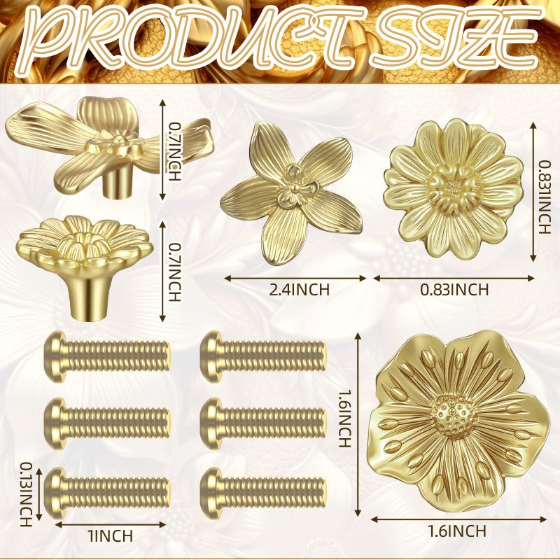 Otoolling 6 Pcs Gold Flower Dresser Knobs Brushed Brass Flower Drawer Knobs for Dresser Drawer Cabinet Brass Floral Pulls Decorative Vintage Pulls Handles Gold Hardware (Large,Petals) - Image 2
