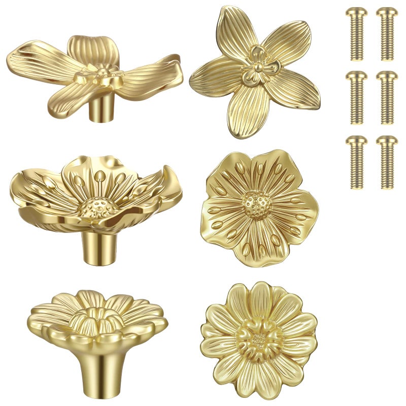 Otoolling 6 Pcs Gold Flower Dresser Knobs Brushed Brass Flower Drawer Knobs for Dresser Drawer Cabinet Brass Floral Pulls Decorative Vintage Pulls Handles Gold Hardware (Large,Petals) - Image 1