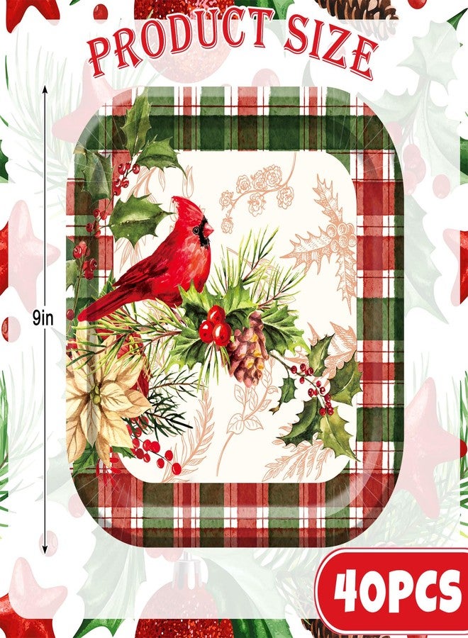40Pcs 9 Inch Christmas Plates Merry Christmas Disposable Paper Plates Buffalo Plaid Xmas Cardinal Bird Pine Cone Party Plates for Holiday Party Dinner Tableware Supplies Decor - Image 2