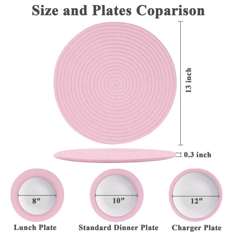 Jukercici Round Placemats Set of 6, Cotton Rope Woven Table Mats, Hot Pads for Kitchen, Non Slip Heat Resistant Place Mats, 13 Inches Braided Placemat for Farmhouse Decor and Kitchen Table Decor (Pink) - Image 2