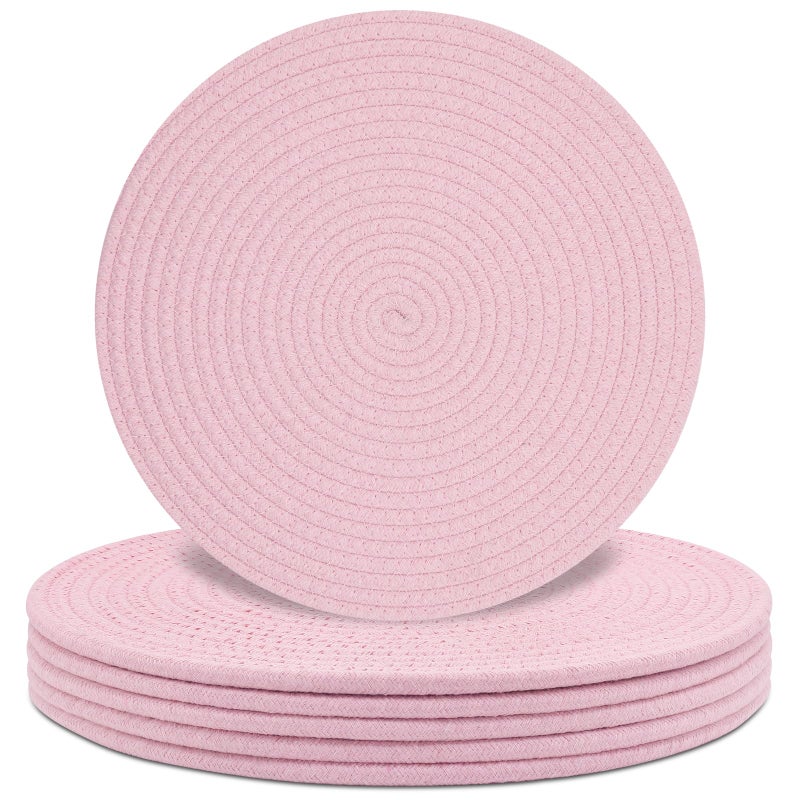 Jukercici Round Placemats Set of 6, Cotton Rope Woven Table Mats, Hot Pads for Kitchen, Non Slip Heat Resistant Place Mats, 13 Inches Braided Placemat for Farmhouse Decor and Kitchen Table Decor (Pink) - Image 1