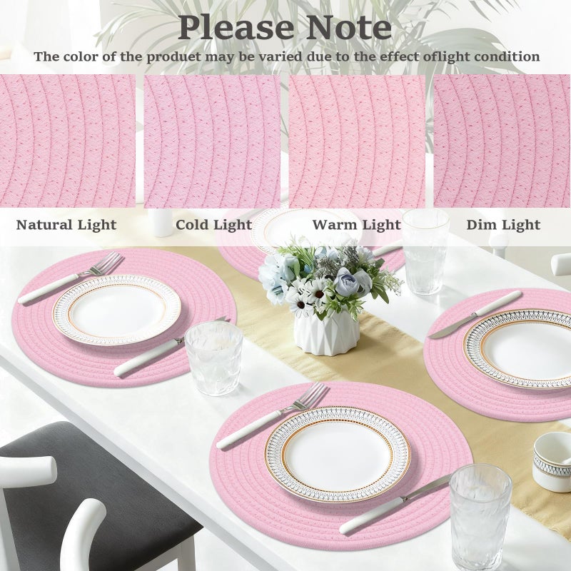 Jukercici Round Placemats Set of 6, Cotton Rope Woven Table Mats, Hot Pads for Kitchen, Non Slip Heat Resistant Place Mats, 13 Inches Braided Placemat for Farmhouse Decor and Kitchen Table Decor (Pink) - Image 4
