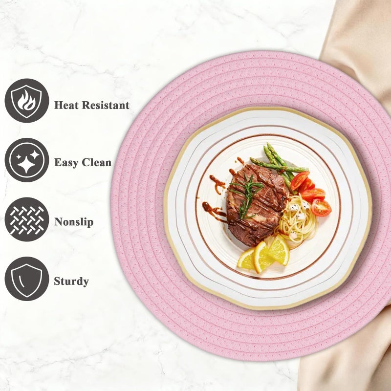 Jukercici Round Placemats Set of 6, Cotton Rope Woven Table Mats, Hot Pads for Kitchen, Non Slip Heat Resistant Place Mats, 13 Inches Braided Placemat for Farmhouse Decor and Kitchen Table Decor (Pink) - Image 3