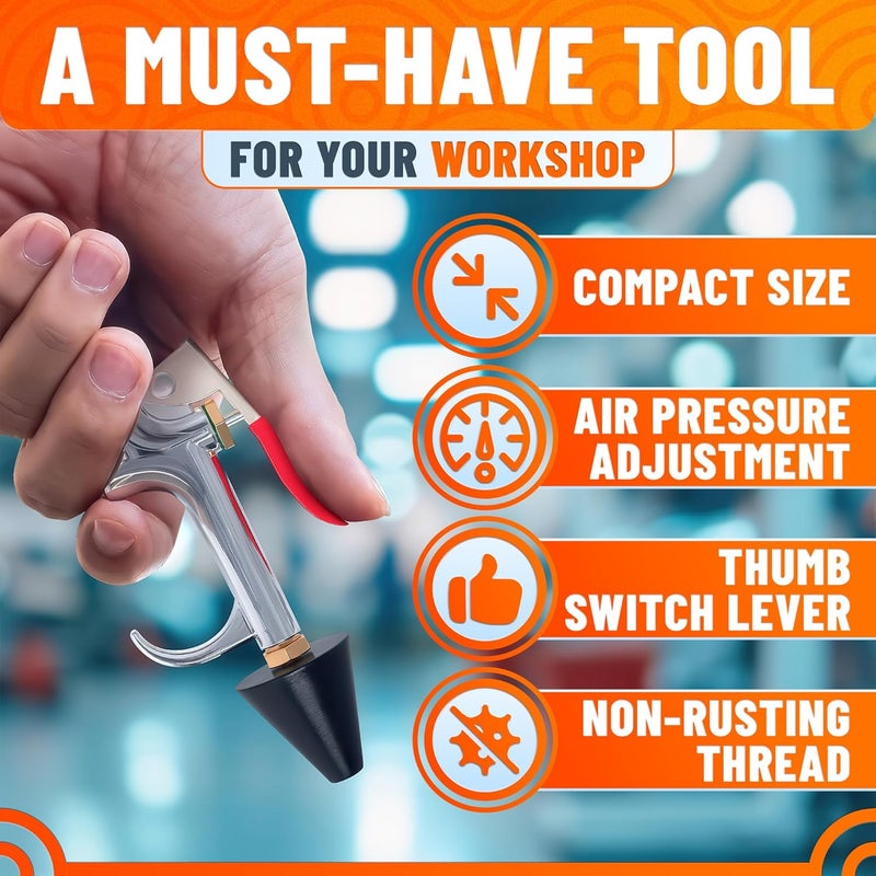 VIKROM Air Nozzle Blow Gun for Compressor - Stainless Steel Air Gun Blower with Pressure Adjustment, Rust-Resistant Brass Thread, Rubber Tip, Thumb Switch Lever - Compact HVAC Tools for Cleaning Tight Spaces - Image 4
