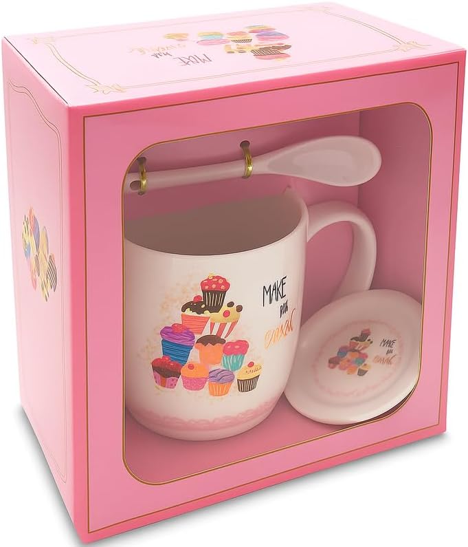 Fitto White Ceramic Mug with Spoon and Lid, Make a Wish Cupcake Design, Coffee Tea Cup - Image 1