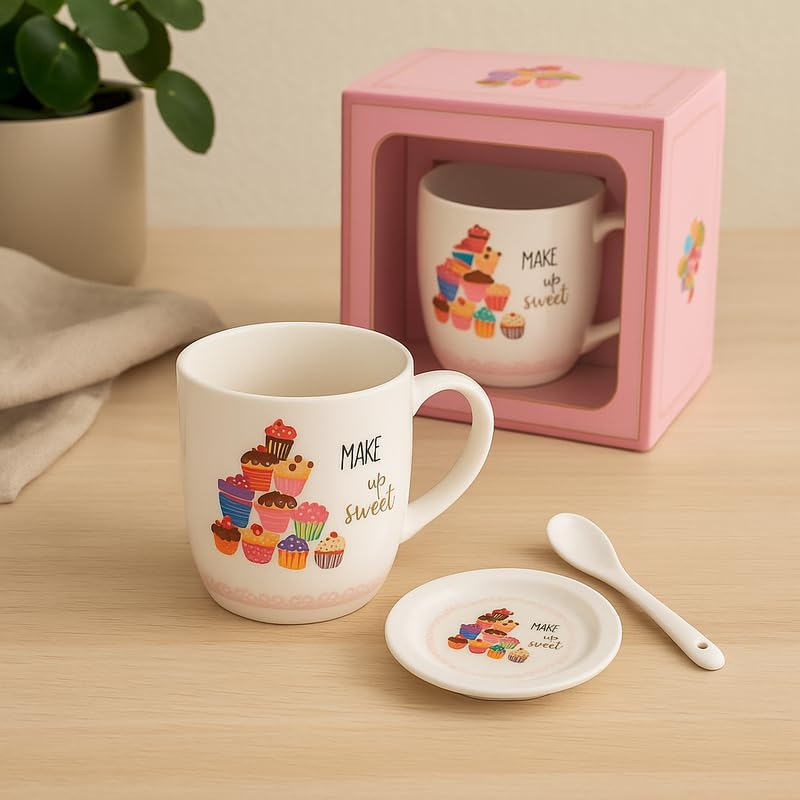 Fitto White Ceramic Mug with Spoon and Lid, Make a Wish Cupcake Design, Coffee Tea Cup - Image 2
