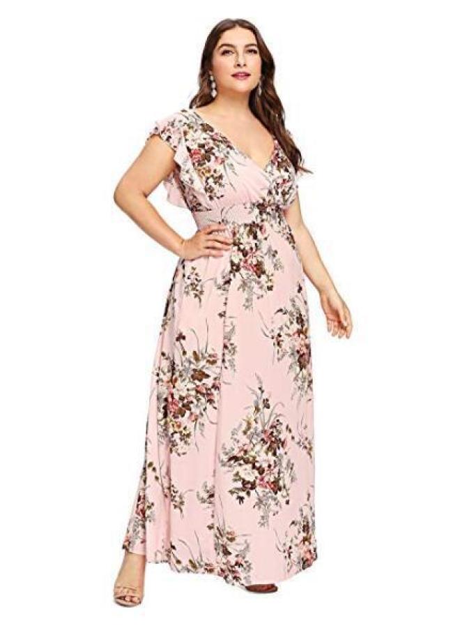 New European And American Large Size Women's Dress Chiffon Elastic Waist Lotus Leaf Sleeve Printed Spring And Summer Large Swing Dress 