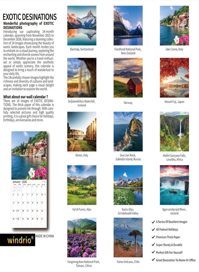windrio 2026 Wall Calendar,Calendar 2026, November 2025 - December 2026, Wall Calendar Exotic Destinations, 12" x 24" Opened,Full Page Months Thick & Sturdy Paper for Calendar Organizing & Planning - Image 2