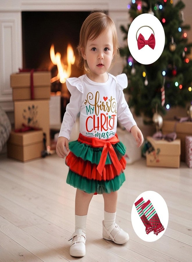 Mobbdow My First Christmas Baby Girl Outfit Newborn Ruffle Long Sleeve Romper Tutu Skirt Leg Warmers Headband 4Pcs Sets (A-White, 9-12 Months) - Image 2